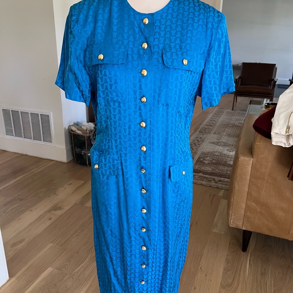 Vintage 1980s 100% Silk peacock Blue Button-Down Dress